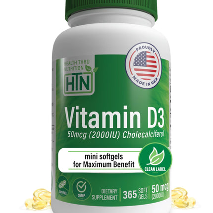 Health Thru Nutrition Vitamin D3 2000iu 365 Mini Softgels for Maximum Benefits | Year Supply | 50mcg Cholecalciferol | 3rd Party Tested | Non-GMO USP Grade in EVOO | Immune Health Support