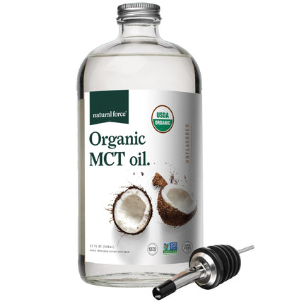 Natural Force Organic MCT Oil – Pure Glass Bottle – Made from 100% Virgin Coconut Oil + Certified Keto, Paleo, Kosher, Vegan & Non-GMO – Lab Tested for Quality and Purity - 32 Ounce