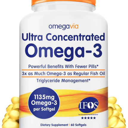 OmegaVia Ultra Concentrated Omega 3 Fish Oil Burpless, 60 Softgels, Triple Strength Omega 3 Fish Oil Supplements, 1135 mg Pure Omega3, No Fishy Burps, High EPA DHA DPA, IFOS 5-Star