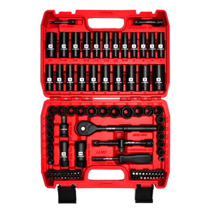 LLNDEI 3/8”Drive Impact Socket Set,Standard SAE(5/16 to 3/4-Inch) Metric Size(8-22mm), 95 Piece, CR-V Steel Deep&Shallow Kit, Adapters, Ratchet Handle, Screwdriver Bit Set, Spark Plug Socket, 6 Point