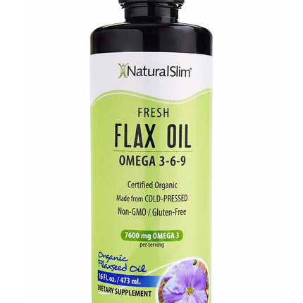 NaturalSlim Flaxseed Oil Liquid Fresh Taste Flax Oil Organic Cold Pressed & High in Omega 3 6 9 Fatty Acid Flax Seed Supplement for Healthy Cells, Hair, Skin, & Nails - Fresh Taste 16 fl. Oz.
