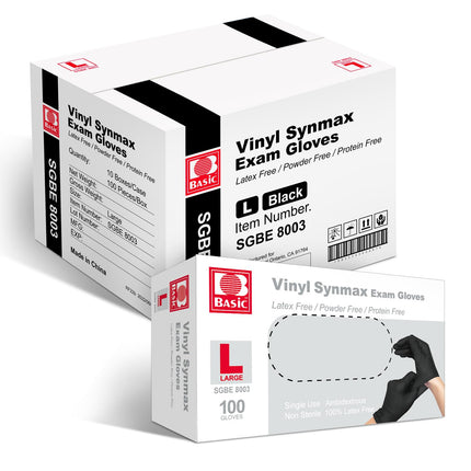 Basic Disposable Medical Synmax Vinyl Exam Gloves - 4 mil Safty Glove 1000pcs - Latex-Free & Powder - SGBE 8003, Large (Case of 1000, Black)