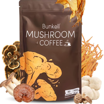 Bunkell Mushroom Coffee, Adaptogenic 6 Mushrooms with Lion's Mane, Reishi, Cordyceps, Shiitake, King Trumpet & Turkey Tail, Instant Coffee Powder for Energy, Digestion & Immune Support, 50 Servings