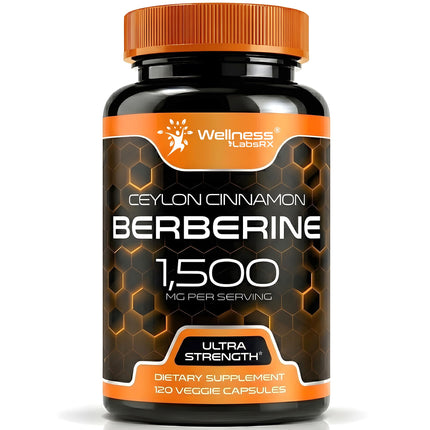 WELLNESS LABSRX Berberine 1,000mg - Third-Party Tested Berberine Supplement HCL with Ceylon Cinnamon, Black Pepper Extract and Apple Cider Vinegar, Heart Support Capsules - 120 Capsules - Pack of 1
