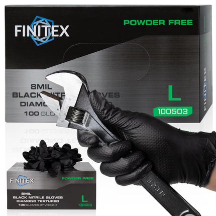 FINITEX Heavy Duty Black Industrial Nitrile Disposable Gloves - 100PCS 8Mil Latex-free Powder-free 3D Diamond Mechanic Gloves (Large)