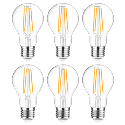 Ascher 60 Watt Equivalent, E26 LED Filament Light Bulbs, Warm White 2700K, Non-Dimmable, Classic Clear Glass, A19 LED Light Bulb with 80 CRI, Pack of 6