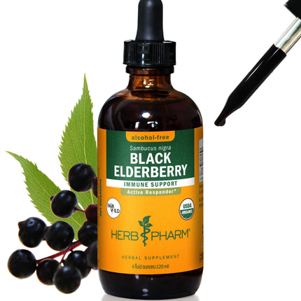 Herb Pharm Certified Organic Black Elderberry Liquid Extract Drops for Immune System Support, Alcohol-Free Glycerite, 4 Oz