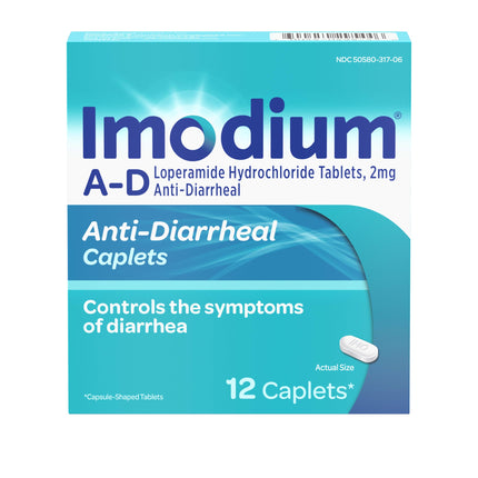 Imodium A-D Diarrhea Relief Caplets with Loperamide HCl, Anti-Diarrheal Medicine to Help Control Symptoms of Diarrhea Due to Acute, & Traveler's Diarrhea, HSA/FSA Eligible, 12 ct