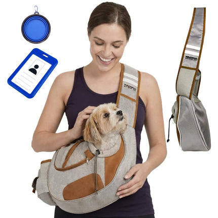 Hands-Free Sling Pet Carrier for Cats and Small Dogs up to 12lbs – Travel Set Includes Foldable Water Bowl & ID Card – Breathable Mesh, Safety Hook & Adjustable Padded Strap for Walking & Travel
