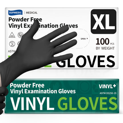 Supmedic Vinyl Disposable Exam Gloves, Black 4 Mil Powder-Free Latex-Free Medical Food-Safe Cooking Cleaning Glove, 100 Pcs (X-Large)
