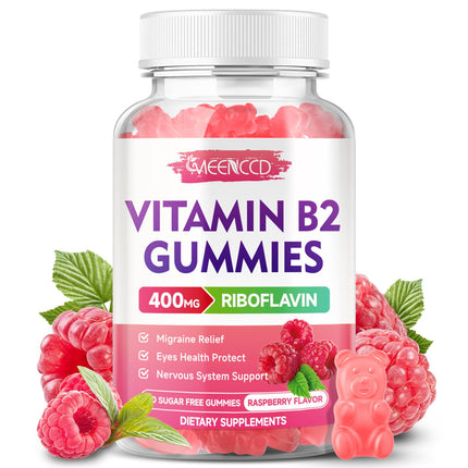MEENCCD Vitamin B2 Gummies Riboflavin 400mg Supplement with Magnesium for Kids & Adults, B2 Gummies for Migraine Relief & Nervous System Support, Vegan, Sugar-Free, Raspberry Flavor, 60 Count