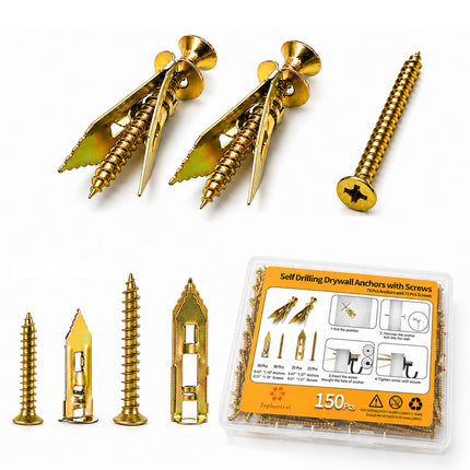 Jyphorixal 150Pcs Self Drilling Drywall Anchors with Screws Kit,Zinc Plated Steel,2 Sizes Expansion Screws and 2 Sizes Wall Anchors, Easy Application No Drill or Holes in Wall.