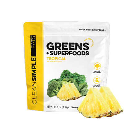 Clean Simple Eats Super Greens Powder, Naturally Flavored Greens Powder with Chlorella, Spirulina, Superfoods & Prebiotic Fiber, No Artificial Ingredients, Gluten Free, Tropical Greens Flavor, 30 Srvg