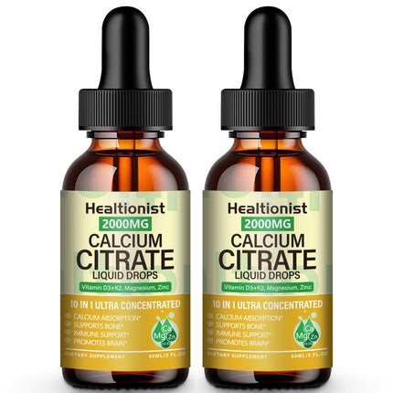 Healtionist 2 Packs 2000mg Calcium Citrate with Vitamin D3 K2 Supplements Liquid Drops for Women & Men, Magnesium, Zinc, High Absorption, Bone, Teeth, Muscle & Immune Support, 4 Fl oz