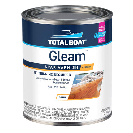 TotalBoat Gleam Marine Spar Varnish, Gloss and Satin Polyurethane Finish for Wood, Boats and Outdoor Furniture (Satin Low-Sheen Quart)