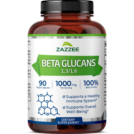 Zazzee Extra Strength 1,3/1,6 Beta Glucans, 1000 mg, 100% Concentrated, 90 Vegan Capsules, Supports a Healthy Immune System, 100% Vegetarian, All-Natural and Non-GMO