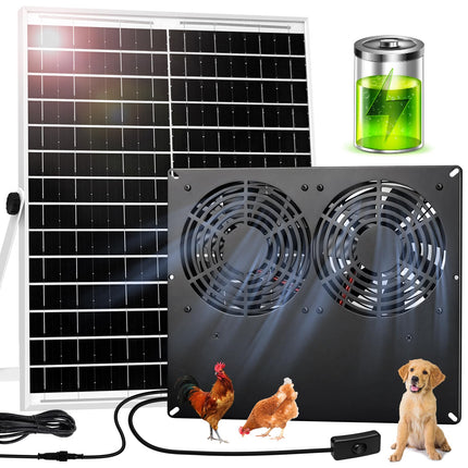 ladate 25W Metal Frame Solar Powered Fan with Battery, IP65 Waterproof Solar Exhaust/Intake Fan for Chicken Coop, Greenhouse, Dog House and Shed, Low Noise