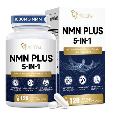 Migcopat NMN Supplement 1000mg – 5-in-1 NAD Supplement w/Resveratrol, Apigenin, Quercetin & Black Pepper – NMNH Alternative – Supports Cellular Energy, Healthy Aging & Longevity – 120 Veggie Capsules