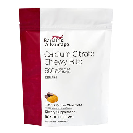 Bariatric Advantage Calcium Citrate Chewy Bites 500 mg - Highly Absorbable & Digestible - Vitamin D3 - Easily Chewable Calcium Supplement - Peanut Butter Chocolate - 90 Count