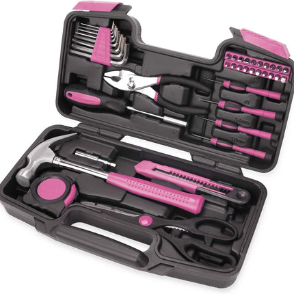39 Piece All Purpose Basic Household Pink Tool Kit for Women - Small Tool Set with Toolbox Great for Home, Garage, Office and College Dormitory Use