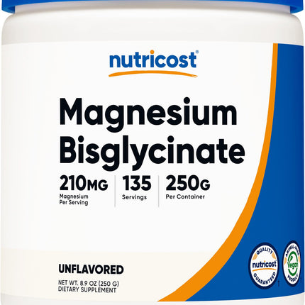 Nutricost Magnesium Bisglycinate Powder (Unflavored, 250 Grams) - Non-GMO, Vegan Supplement