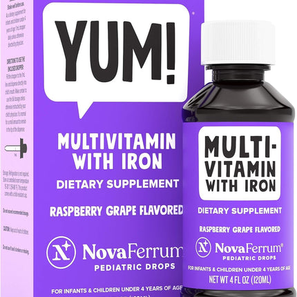 NovaFerrum Yum | Multivitamin with Iron for Infants, Toddlers & Kids | Immune Support | Ages 4 & Under | Gluten Free Certified | Sugar Free | Raspberry Grape | 120 Servings