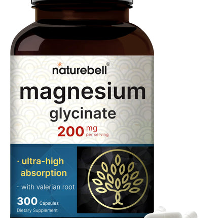 Pure Magnesium Glycinate for Sleep, 200mg with Valerian Root, 300 Capsules | 100% Chelated & Purified Mineral Supplement – Ultra High Absorption – Non-GMO, Gluten Free