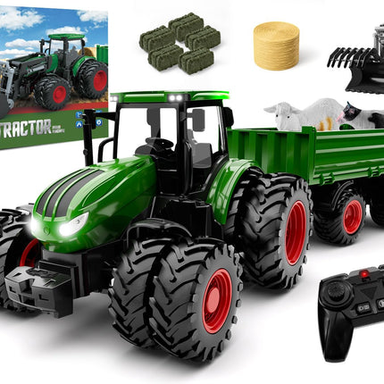 Uarzt Remote Control Tractor Toy with Trailer | Metal Front & Front Loader Farm Vehicle Set with Lights & 8-Wheel Design, RC Tractor Truck for Boys Ages 3-9, Fun Farm Toy Gift for Kids