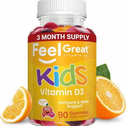 Feel Great Kids Vitamin D3 1000 IU | Kids Vitamin D Gummies for Healthy Bones, Mood, & Immune Support | Citrus Flavored Vegetarian D3 Gummies | 90 Day Supply