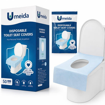 Umeida 50 Count Disposable Toilet Seat Covers, XL Waterproof Travel Pack, Center Strip Stays Attached, Adhesive Tabs, Individually Wrapped for Public Restrooms, Airplane, Kids and Adults