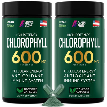 Alpha Flow [2 Pack Chlorophyll Capsules 600mg - Chlorophyll Supplement for Energy & Skin - Internal Deodorant for Women & Men - Alternative to Liquid Drops - 240 Vegan Pills