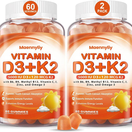 Vitamin D3 K2 Gummies for Adults - Vitamin D3 5000IU + K2 (MK-7) 120mcg - Sugar-Free D3 and K2 Supplements with Omega-3, Methyl B12, B9, B6, Vitamins E & Zinc - for Calcium Absorption & Immune Health