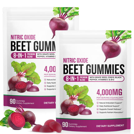 Beet Root Gummies, Zero Sugar | 8 in 1 Beet Root Extract with CoQ10 & Grapeseed Extract for Blood Pressure, Heart Health, Energy Level Suport, Promoting Nitric Oxide, W/ Vitamin B12, C| 90 Chews