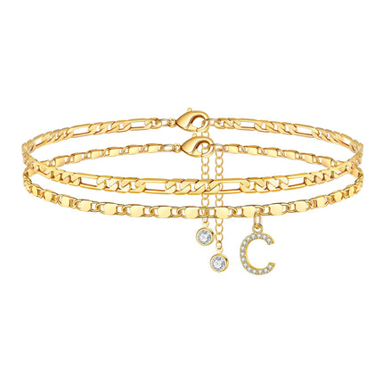 Ursteel Ankle Bracelets for Women, C Initial Anklet 14K-Gold-Plated Dainty Adjustable Layered Chain CZ Letter C Initial Anklets Set Summer Jewelry Gifts Anklets for Women