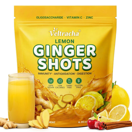 Veltracha Juicing Ginger Shots, Pineapple Ginger Turmeric Drink with Vitamin C, Zinc & lron, Superfood Juice Powder for Immunity & Digestion Support, 30 Servings (Lemon and Ginger)