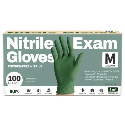 SUP Powder-Free Nitrile Exam Gloves, 100 Count Food Safe Latex-Free Disposable Gloves for Medical Cooking Household Cleaning Food Prep, Green (Medium)