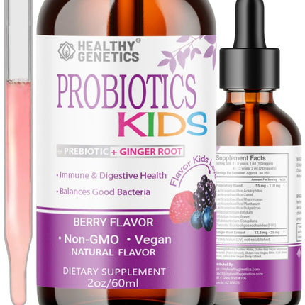 Healthy Genetics Liquid Probiotics for Kids & Toddlers | + Prebiotic + Ginger Root | Acidophilus Probiotic | Dairy Free | Vegan | Non-GMO | Gluten Free | 30-60 Servings