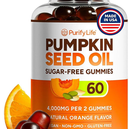 Sugar-Free Pumpkin Seed Oil Gummies (4,000mg/serving) Pumpkin Seed Oil for Hair Growth, Youthful Skin, Prostate Health, Immune & Urinary Tract Support-Natural Source of Essential Fatty Acids-60 Chews