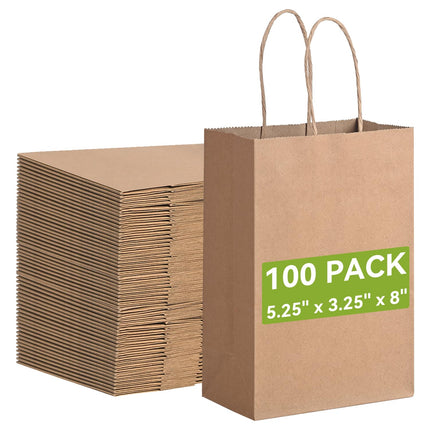 Brothersbox Small Brown Paper Bags with Handles 100PCS, 5.25 * 3.25 * 8 Inch Kraft Gift Bags Bulk for Craft Shopping Business Party Favor Retail Birthday Grocery