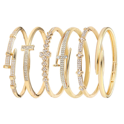 Pack of 6 - Gold Bracelet Bangles Bulk Set for Women,Trendy Stackable, Zinc Alloy Rivet & Four-Leaf Clover Design Stackable Bangles with Rhinestones, 7-inch Circumference Fits Most Adults, Jewelry Gift for Her, Girlfriend, Wife, Mom, Sister, Lover on Birt
