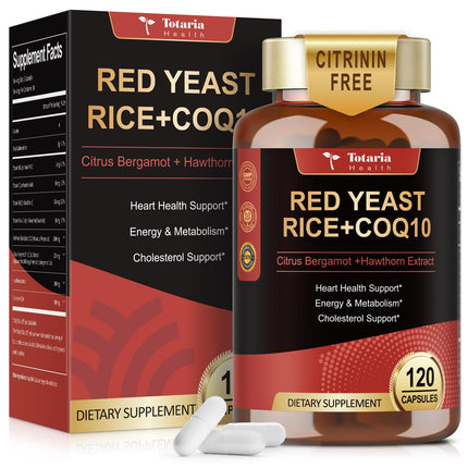 Totaria Red Yeast Rice 2,000mg with CoQ10 Supplement - Citrinin Free Extract Red Yeast Rice Capsules with CoQ10 100 Plus Citrus Bergamot - Vegan Non-GMO