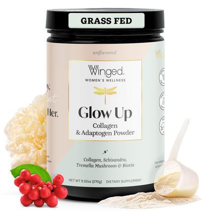 Winged Wellness Glow Up, Collagen Powder for Women - Hair, Skin & Nails Beauty Supplement with Grass-Fed Hydrolyzed Collagen Peptides Adaptogens, Vitamin C & Biotin - 25 Servings, Unflavored