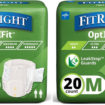 FitRight OptiFit Extra+ Adult Diapers with Leak Stop Guards, Disposable Incontinence Briefs with Tabs, Moderate Absorbency, Medium, 32"-42", 20 Count (Pack of 2)