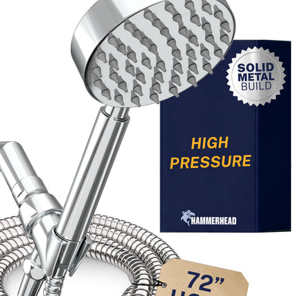 HammerHead Showers® Solid Metal Handheld Shower Head with Hose and Brass Holder - CHROME - 2.5 GPM High Pressure Shower Heads with Adjustable Shower Wand Bracket - 6ft Flexible Extension