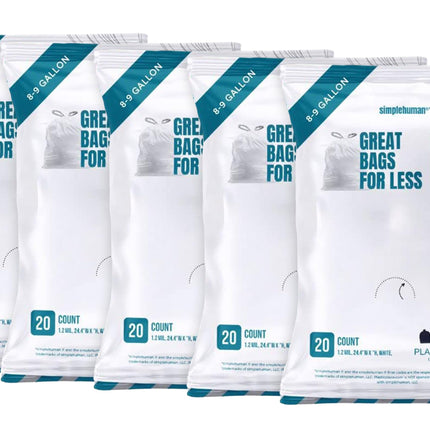 Plasticplace Custom Fit Trash Bags, Compatible with simplehuman Code H Packs, White Drawstring Garbage Liners 8-9 Gallon, 18.5'' x 28'' (20 Count/5 Pack)