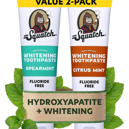 Dr. Squatch Hydroxyapatite Toothpaste Whitening - Natural, Fluoride-Free Toothpaste - Enamel Support - Day & Night Set - Citrus Mint & Spearmint, (4.7 oz, 2-Pack)