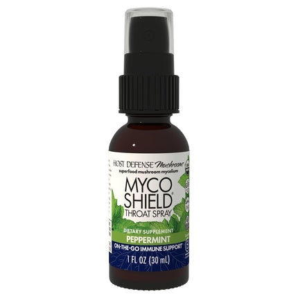 Host Defense MycoShield Throat Spray - Immune Health Support - Dietary Mushroom Supplement with Chaga, Reishi, Turkey Tail & More - On-the-Go Immune Support - Peppermint, 1 fl oz (71 Servings)