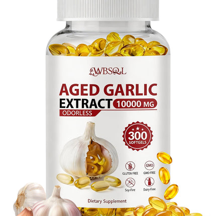 WBSQL Odorless Aged Garlic Extract 10,000 mg - 300 Softgels, 2 Year Aged Garlic Supplements for Heart & Immune Support - Natural Antioxidant Supplement, Non-GMO, Gluten-Free, Vegan