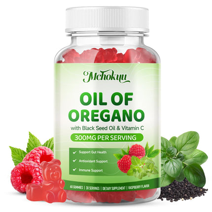 Mchokuu Oil of Oregano with Black Seed Oil, 2-in-1 Black Seed Oil Supplement for Women & Men Support Antioxidant Health, Sugar Free & Vegan Raspberry Herbal Gummies, 60 Count