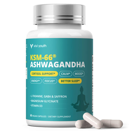 VIVI Youth Cortisol Supplement with KSM-66® Ashwagandha & L-Theanine - Advanced Formula with GABA, Saffron, Magnesium Glycinate & Vitamin D3 for Calm Focus, Mood Balance - 60 Capsules